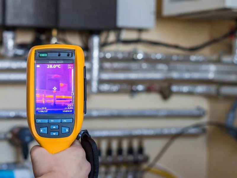 Thermal imaging camera being used to detect a hidden leak in pipework