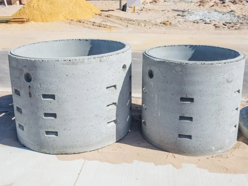 Concrete soakwell liners on a building site ready for installation