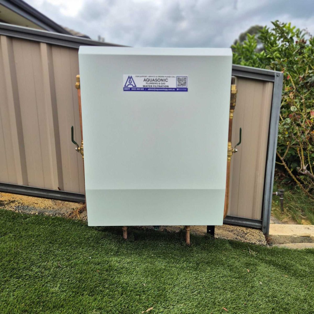 Aquasonic whole-house water filtration unit installed outside a home in Mandurah