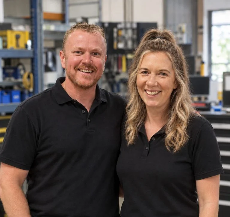 Brett and Lauren, owners of Aquasonic Plumbing & Gas, in the workshop