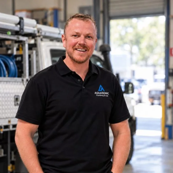 Brett from Aquasonic Plumbing & Gas standing in front of the service truck