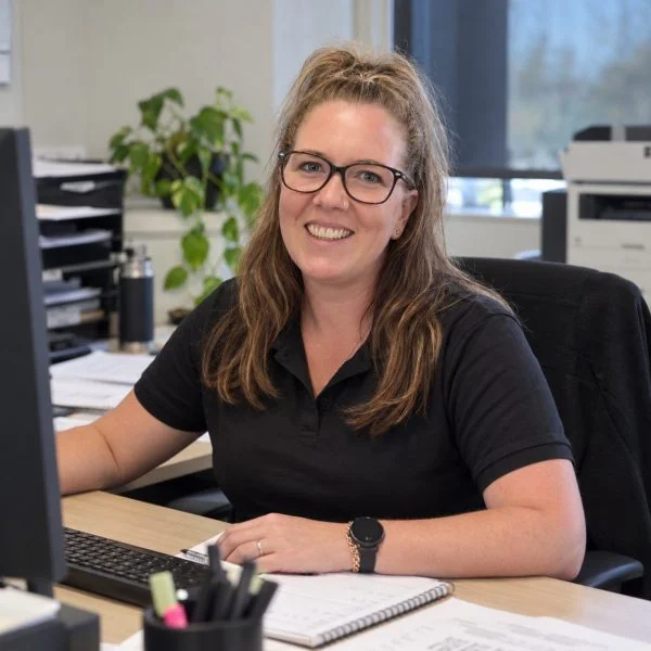 Lauren from Aquasonic Plumbing & Gas at her desk in the office
