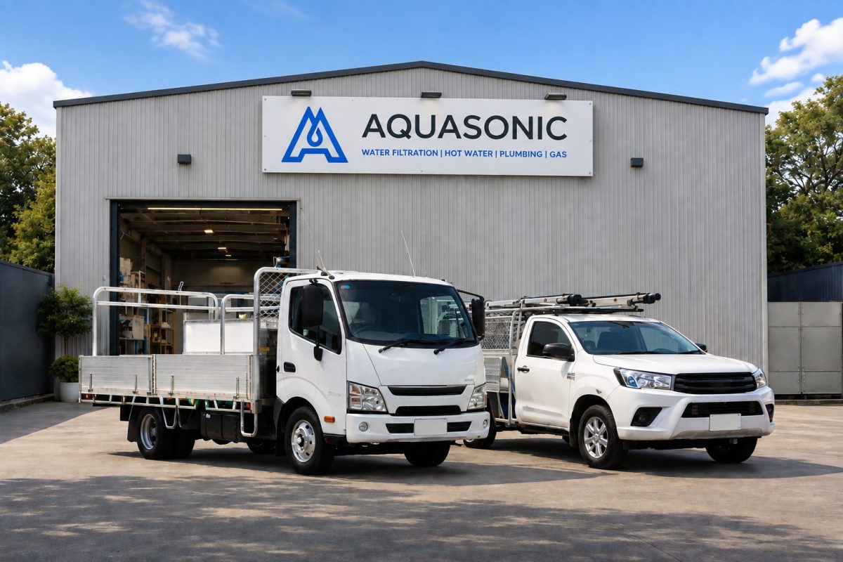 Aquasonic Plumbing & Gas workshop with branded signage and two work trucks